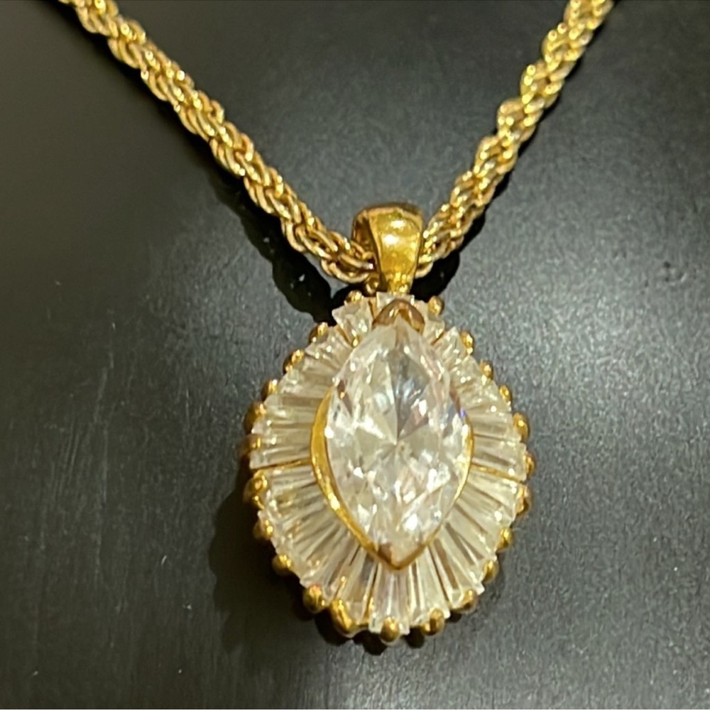 Elegant Gold and CZ Baguette Pendant Chain Necklace